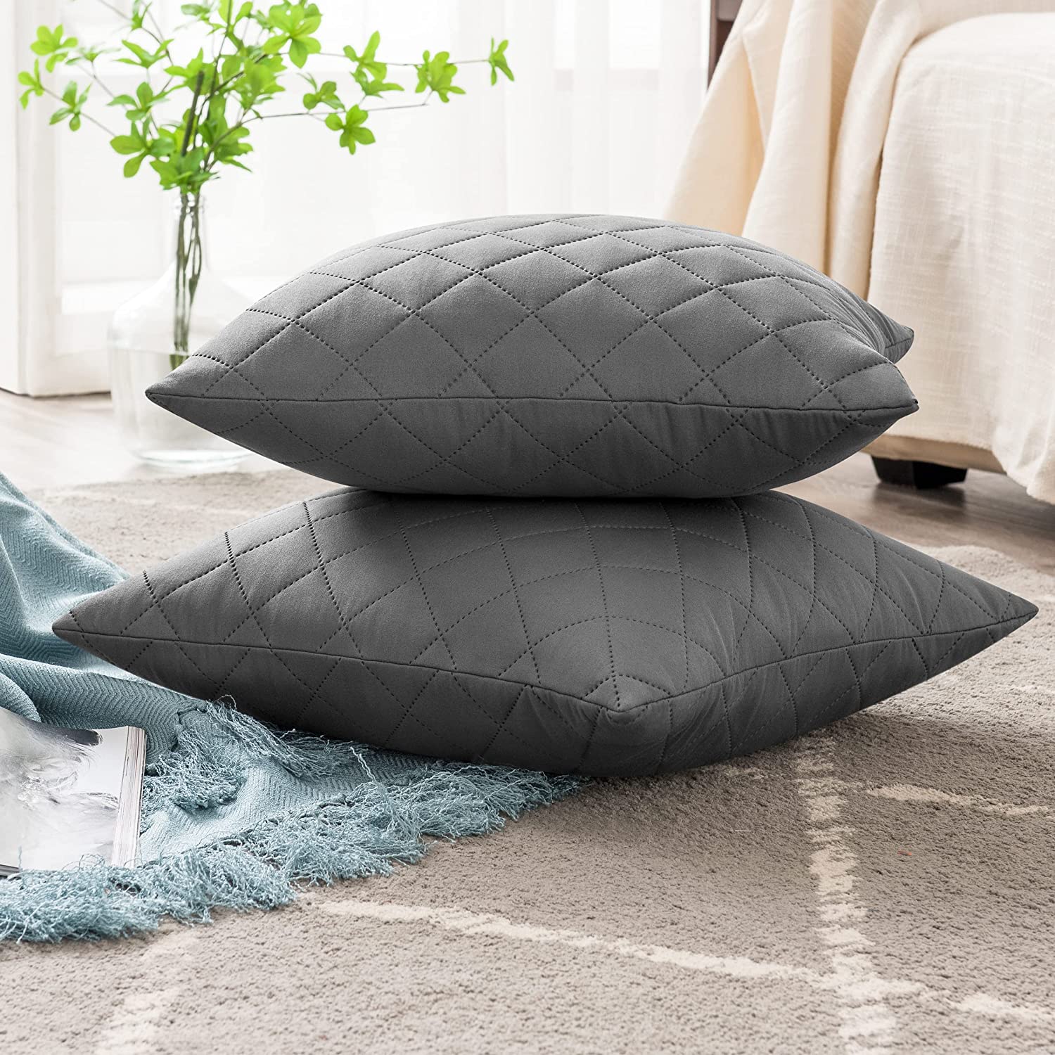 GRAY QUILTED CUSHION COVER SQUARE PATTERN 16, 18 and 20 INCHES